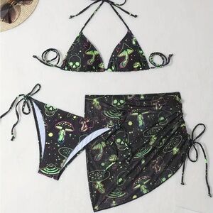 Black and Green Bikini Set with Skirt